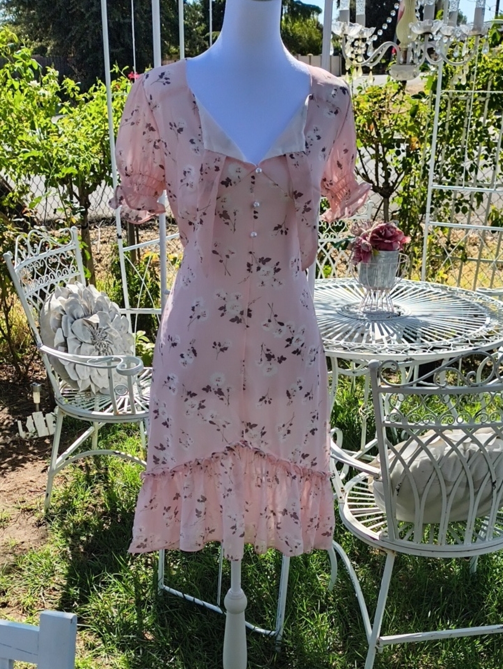 Floral Ruffle-Trim Pink Midi Dress